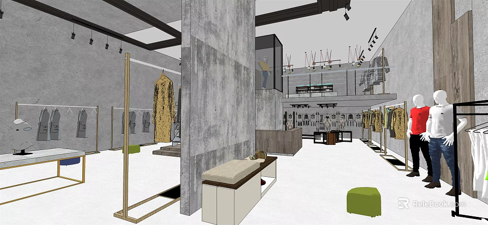 Modern Clothing Store Interior Design With Gray Concrete Walls Clothing Racks And Spacious Layout 3d model 
