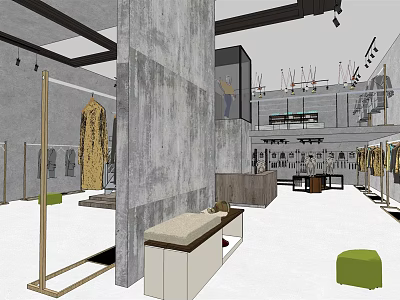 Modern Clothing Store Interior Design With Gray Concrete Walls Clothing Racks And Spacious Layout 3d model