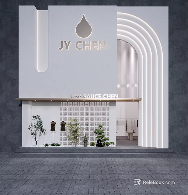 JY CHEN Modern Storefront Design With Curved Arch White Gray Walls And Plant Decorations 3d model 