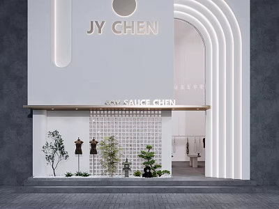 JY CHEN Modern Storefront Design With Curved Arch White Gray Walls And Plant Decorations 3d model
