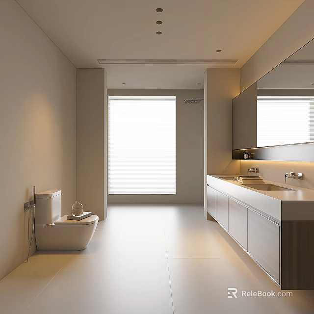 Modern Bright Bathroom Interior With White Vanity Large Window Blinds And Mirror 3d model 