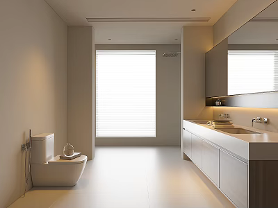 Modern Bright Bathroom Interior With White Vanity Large Window Blinds And Mirror 3d model