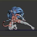 Game Movie Character With Blue Hair Pink Body Cat Ears Tail Crouching On Cracked Ground