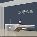 Modern Reception Desk With Marble Top White Stools Blue Wall And Welcome Sign Interior Design