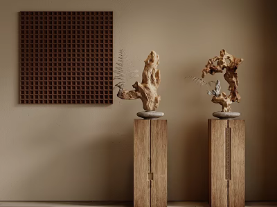 Handcrafted Wooden Sculptures Placed On Wooden Pedestals With Grid Background Decor 3d model