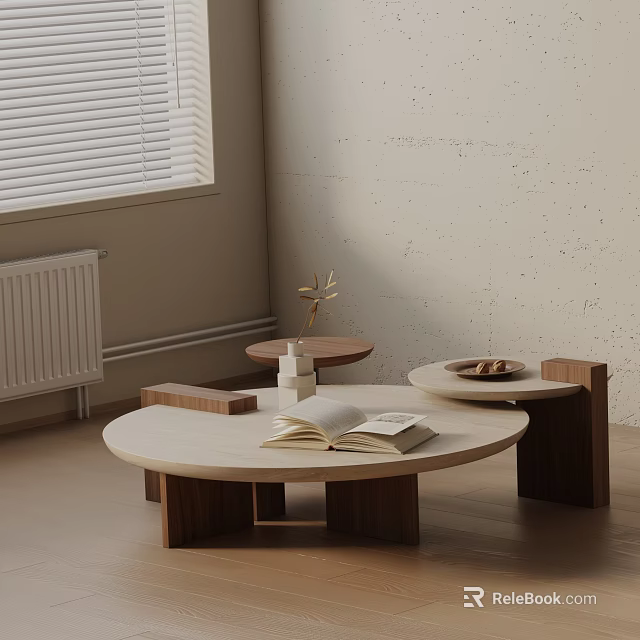 Modern Sofa Coffee Table Combination With Round Wooden Table And Open Books Decorative Items 3d model 