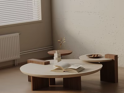 Modern Sofa Coffee Table Combination With Round Wooden Table And Open Books Decorative Items 3d model