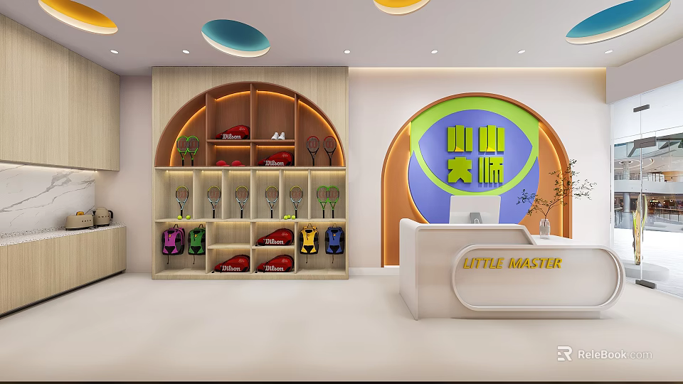 LITTLE MASTER Sports Fitness Training Center With Colorful Rackets And Sports Equipment On Display Shelves 3d model 