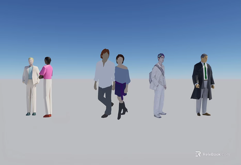 Group of People in Different Outfits Standing on Gray Ground Under Blue Sky 3d model 