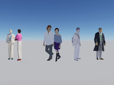 Group of People in Different Outfits Standing on Gray Ground Under Blue Sky 3d model