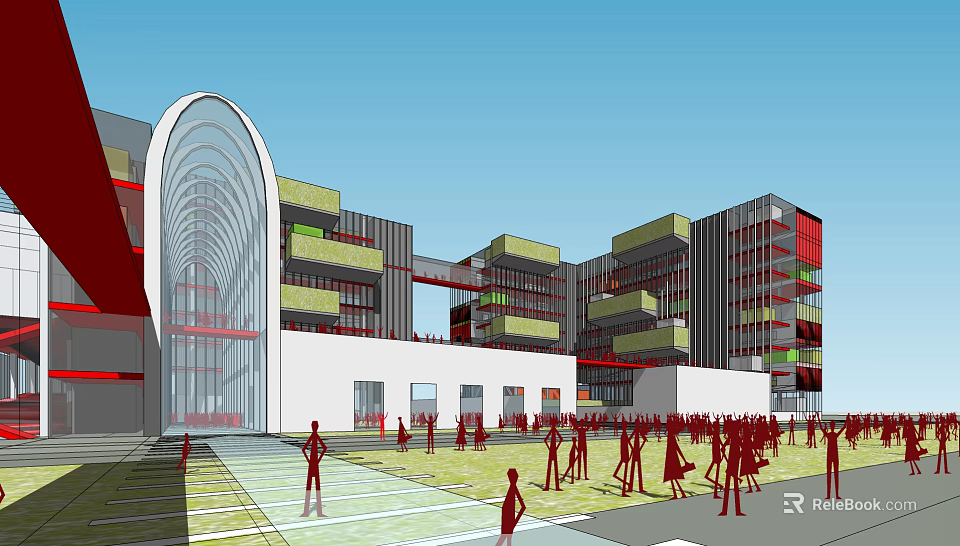 Vibrant Modern Commercial Street Featuring Spacious Open Plaza Pedestrians And Colorful Architecture Design 3d model 
