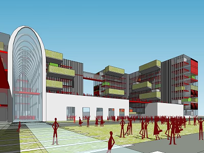 Vibrant Modern Commercial Street Featuring Spacious Open Plaza Pedestrians And Colorful Architecture Design 3d model