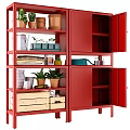 Red Storage Shelves And Cabinets With Potted Plants Terracotta Pots Wooden Crates And Books