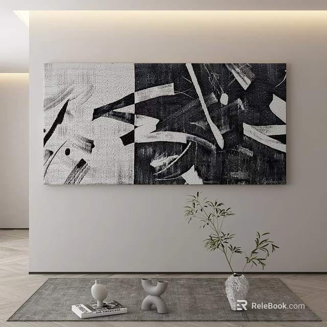Black and White Abstract Painting Hanging on Wall in Modern Interior With Green Plant 3d model 