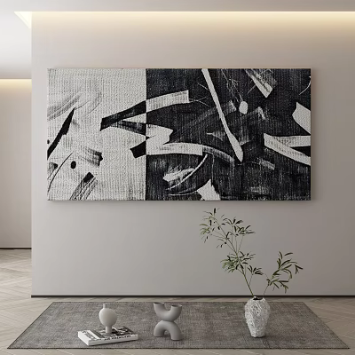 Black and White Abstract Painting Hanging on Wall in Modern Interior With Green Plant 3d model