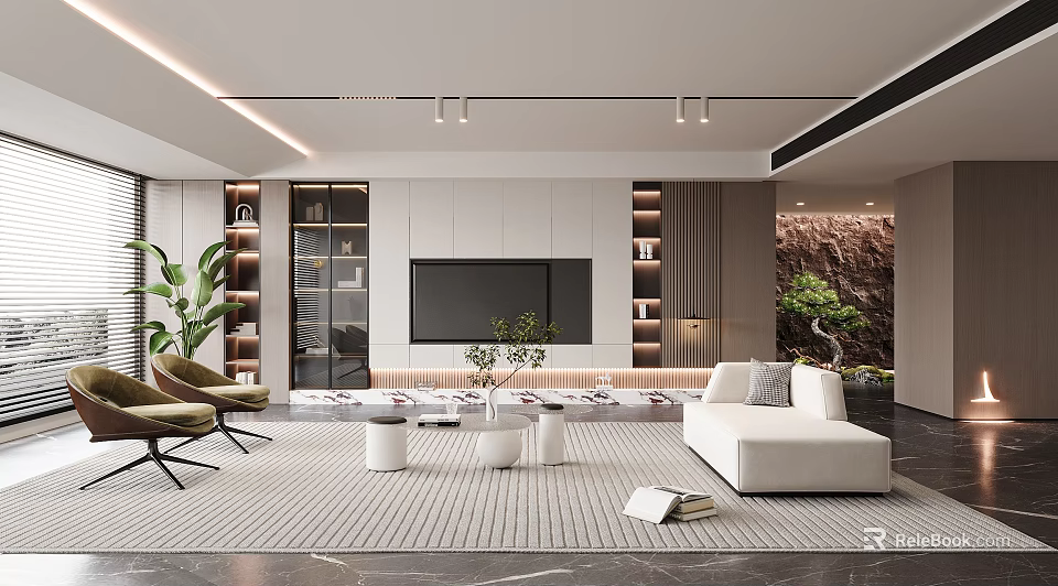 Modern Living Room Interior Design With White Sofa TV Wall And Green Plants 3d model 