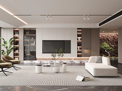 Modern Living Room Interior Design With White Sofa TV Wall And Green Plants 3d model