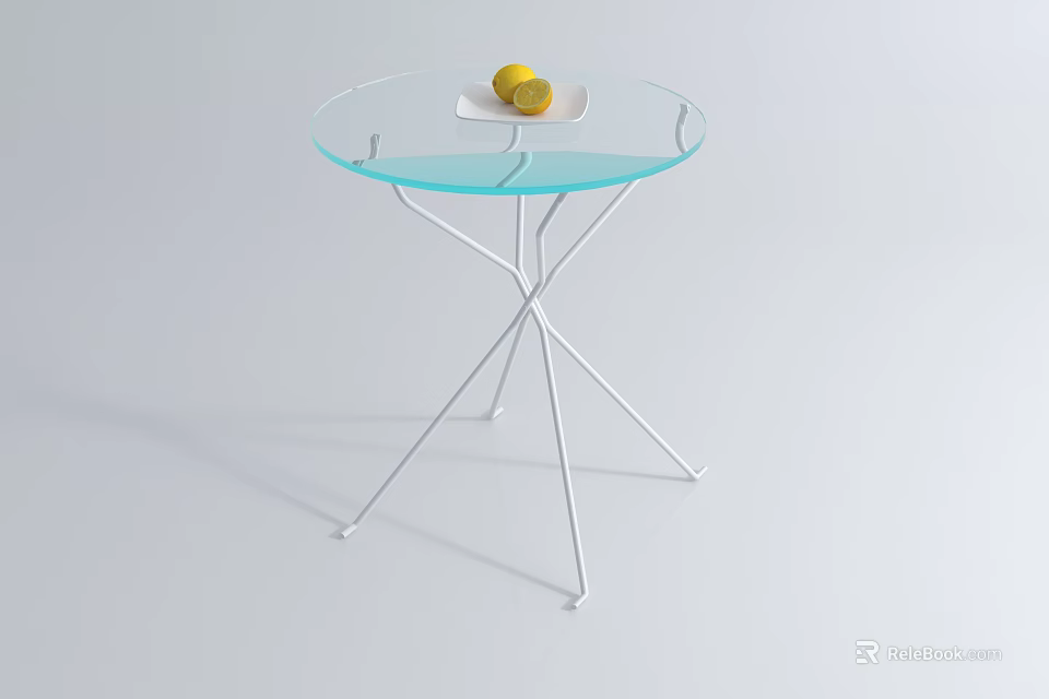 Teal Glass Tea Table with White Metal Cross Legs and White Plate Two Yellow Lemons 3d model 