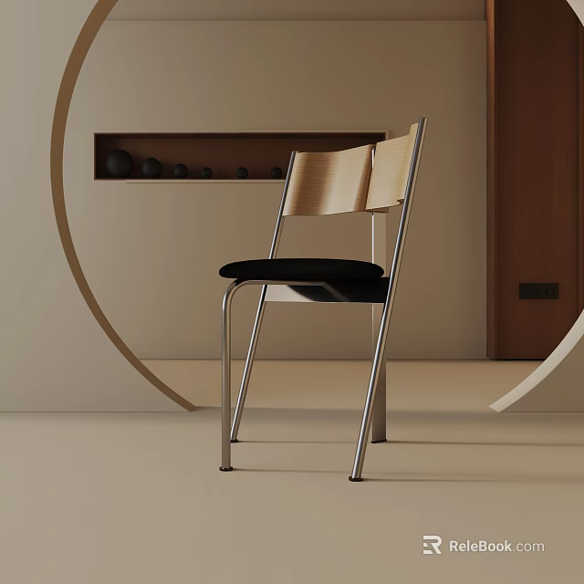 Stylish Modern Dining Chair With Wooden Backrest Metal Frame And Black Cushion In Minimalist Room 3d model 