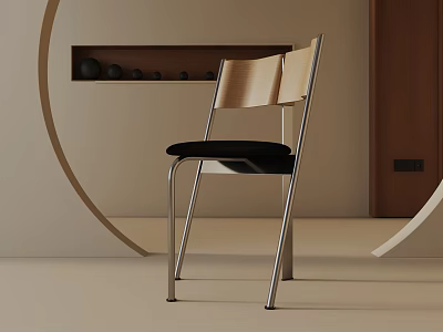 Stylish Modern Dining Chair With Wooden Backrest Metal Frame And Black Cushion In Minimalist Room 3d model