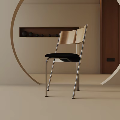 Stylish Modern Dining Chair With Wooden Backrest Metal Frame And Black Cushion In Minimalist Room 3d model