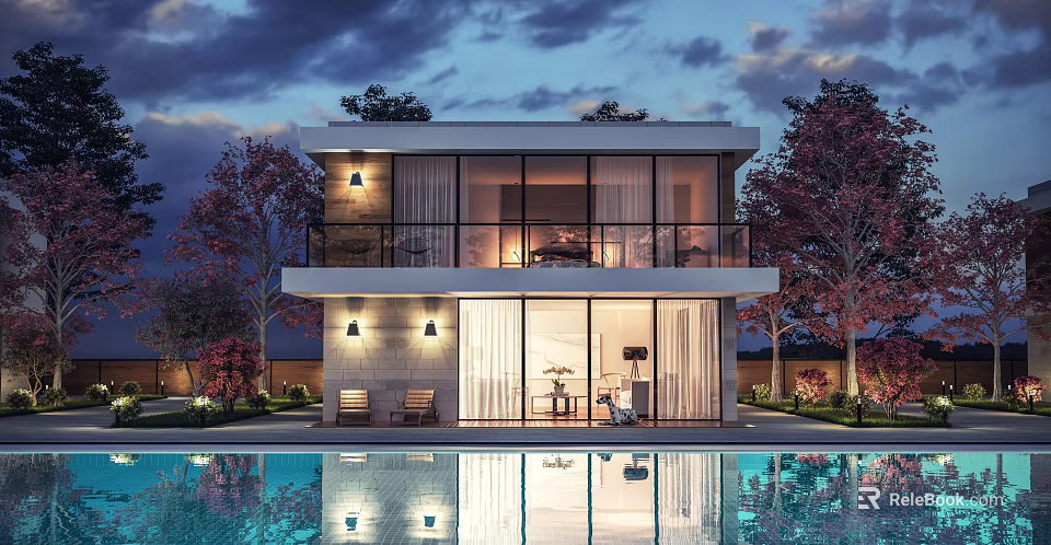 Two Story Detached Villa With Large Glass Windows Balcony Swimming Pool And Illuminated Surrounding Trees 3d model 