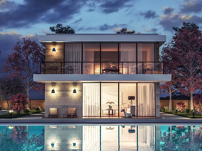 Two Story Detached Villa With Large Glass Windows Balcony Swimming Pool And Illuminated Surrounding Trees 3d model