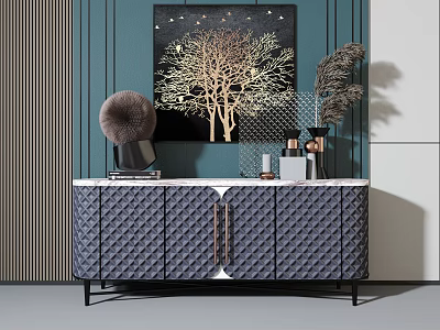 Modern Diamond Pattern Console Cabinet with Golden Handles and Decorative Items on Teal Striped Wall 3d model