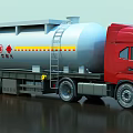 Red Cab Fuel Tank Truck With Silver Tank Yellow Stripes Safety Signs Ladder Multiple Wheels
