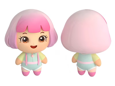 Cute Pink Hair Doll With Big Eyes Smiling Face Green Pink Outfit Front Back View 3d model