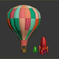 Colorful Patchwork Hot Air Balloon with Small Toy Rockets on Dark Background
