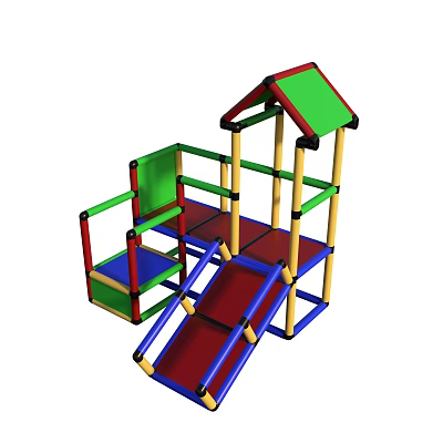 Colorful Children's Playground Area With Slide Playhouse Structure And Colorful Frame 3d model