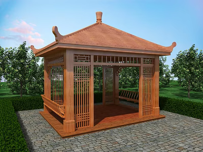 Chinese Style Wooden Pavilion In Garden With Green Trees And Stone Pavement 3d model
