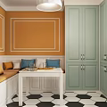 Light Green And White Kitchen Cabinets With Yellow Brick Backsplash And Kitchenware On Countertop