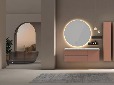 Modern Bathroom Interior Design With Backlit Round Mirror Pink Vanity And Bathtub 3d model