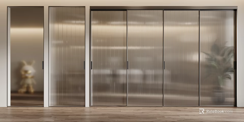 Modern Interior Sliding Doors Featuring Ribbed Glass And Metal Frames Design 3d model 