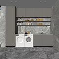 Modern Laundry Room With Two Washing Machines Gray Cabinets And Marble Floor