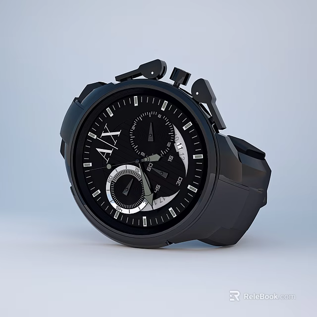 Black Modern Wristwatch Dial Design With Roman Numerals Multiple Subdials And Metallic Case 3d model