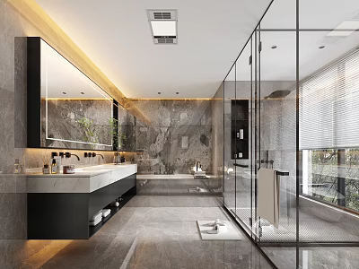Modern Bathroom Interior With Marble Walls Glass Shower Enclosure And Freestanding Bathtub 3d model