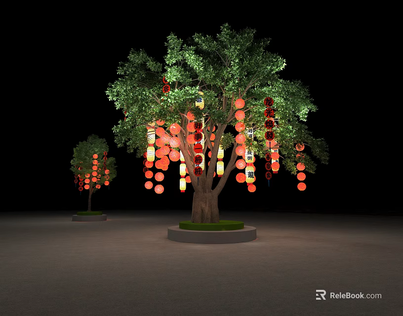 Two Illuminated Trees Decorated With Red Orange Lanterns In Dark Setting 3d model 