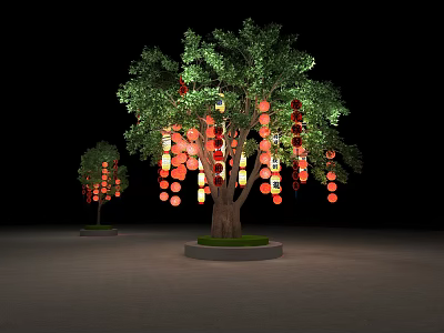 Two Illuminated Trees Decorated With Red Orange Lanterns In Dark Setting 3d model