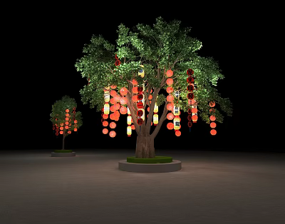 Two Illuminated Trees Decorated With Red Orange Lanterns In Dark Setting 3d model