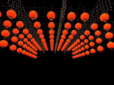 Festive Red Lanterns Hanging In Symmetrical Arrangement With Decorative String Lights 3d model