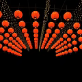 Festive Red Lanterns Hanging In Symmetrical Arrangement With Decorative String Lights 3d model