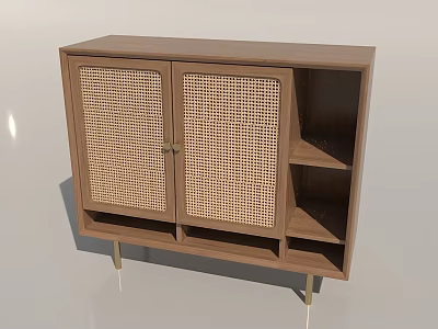 Wooden Shoe Cabinet With Rattan Panel Doors Open Shelves And Metal Legs 3d model