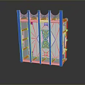 Transparent Storage Rack With Blue Red Vertical Bars And Cross Pattern For Home Organizing