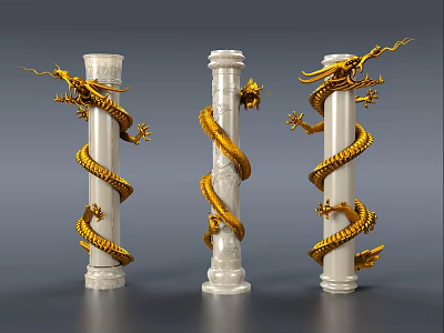 Elegant White Marble Columns With Golden Dragons Wrapped Around Intricate Design 3d model