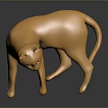 Golden Cat Statue with Metallic Finish in Reclining Pose and Reflection