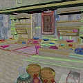 Ancient Stone Kitchen Interior With Stone Steps Clay Pots Shelves And Decorative Rug