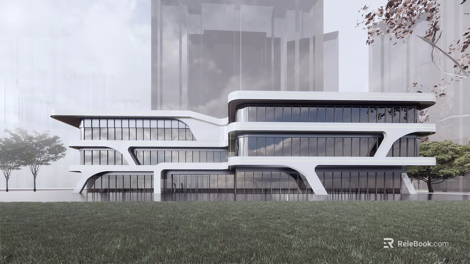 Modern Sales Office Building With Glass Curtain Walls And Unique Architectural Design 3d model